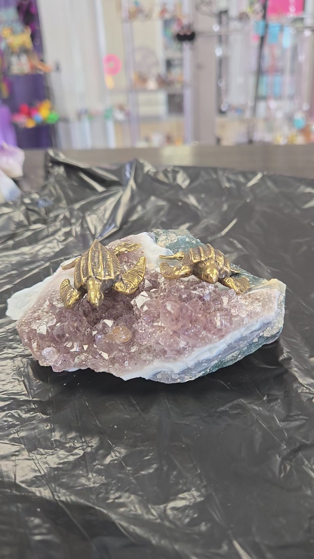 Amethyst Geode Druzy Piece with Brass Sea Turtles