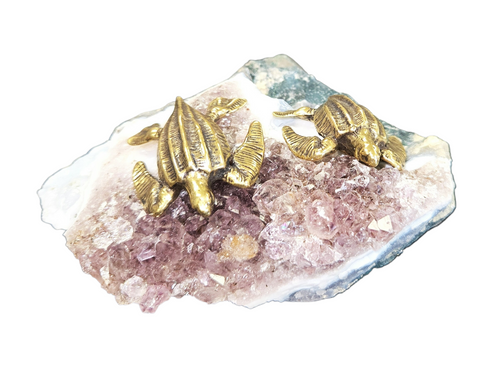Amethyst Geode Druzy Piece with Brass Sea Turtles