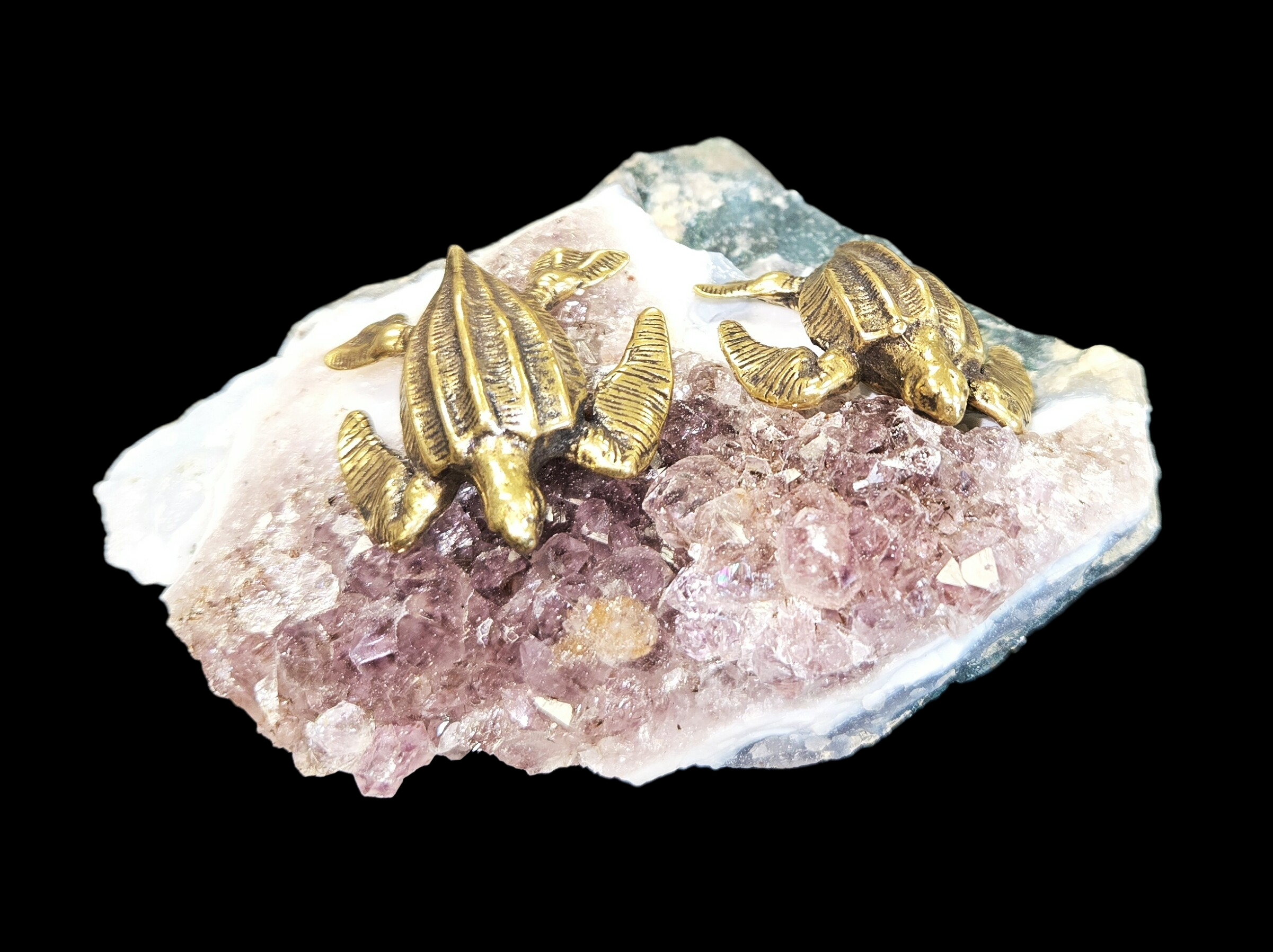 Amethyst Geode Druzy Piece with Brass Sea Turtles